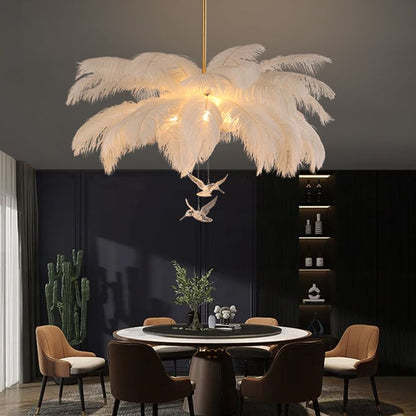 Feather Chandelier Bohemian with Feather Shade and Hanging Bird Ornaments
