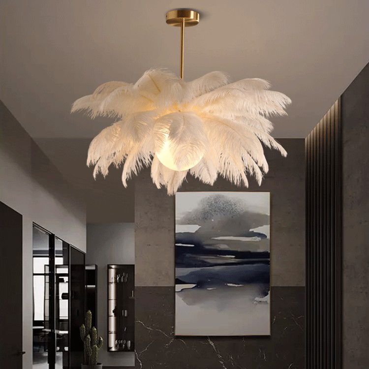 Feather Chandelier Bohemian with Feather Shade and Hanging Bird Ornaments