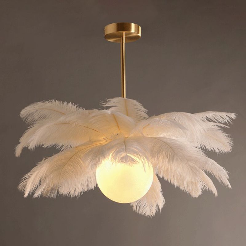 Feather Chandelier Bohemian with Feather Shade and Hanging Bird Ornaments