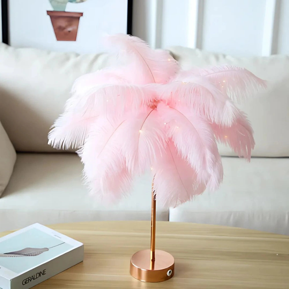 Feather Table Lamp Bohemian with Feather Shade and Remote Control
