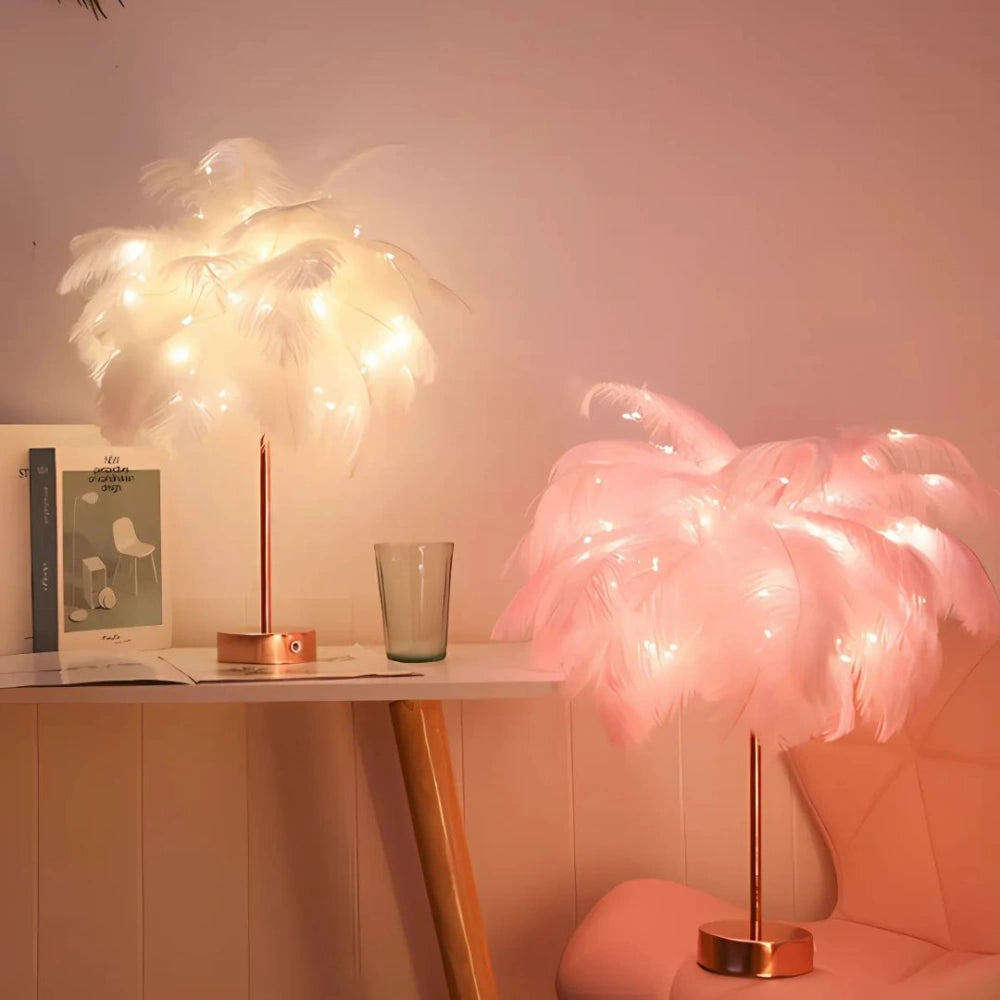 Feather Table Lamp Bohemian with Feather Shade and Remote Control