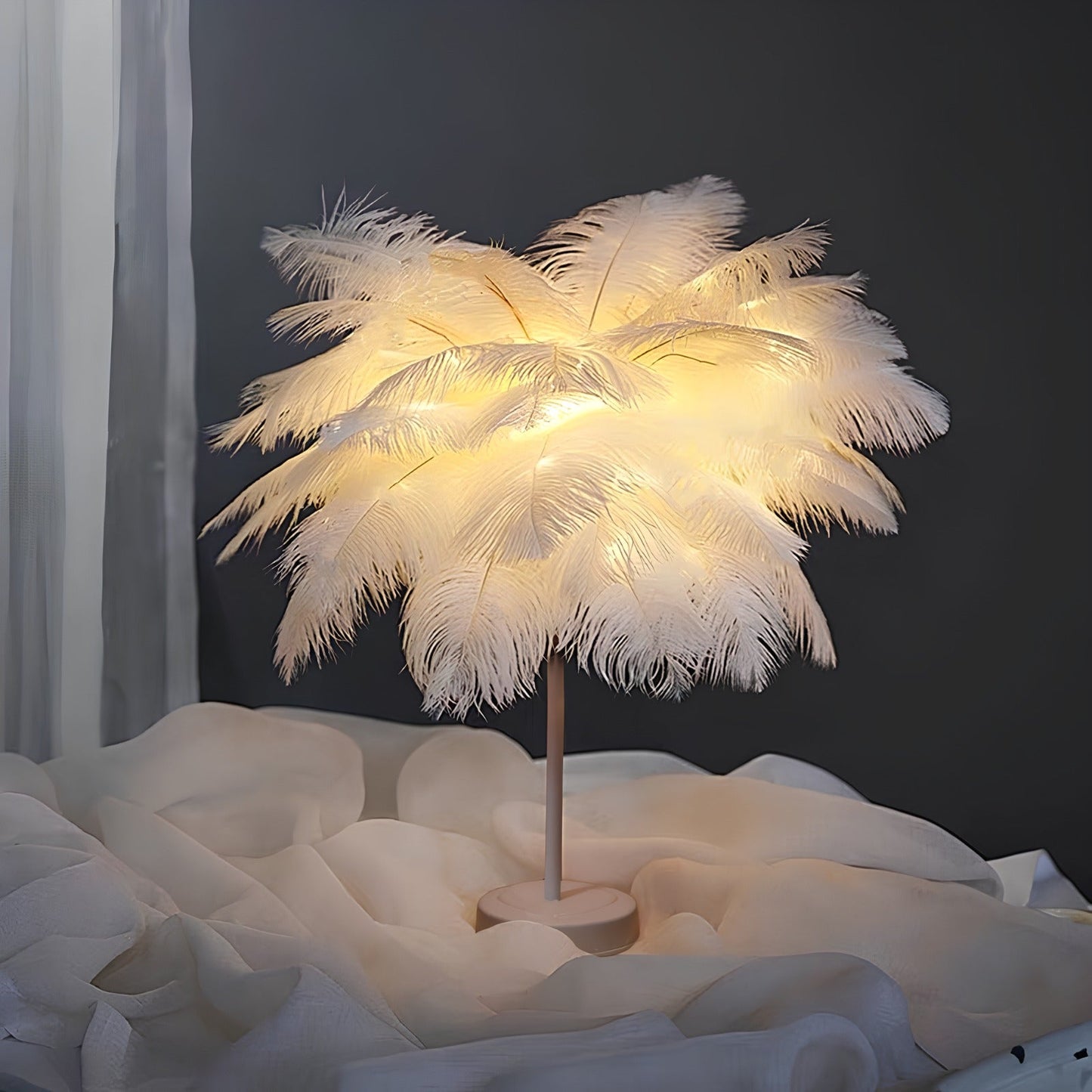 Feather Table Lamp Bohemian with Feather Shade and Remote Control