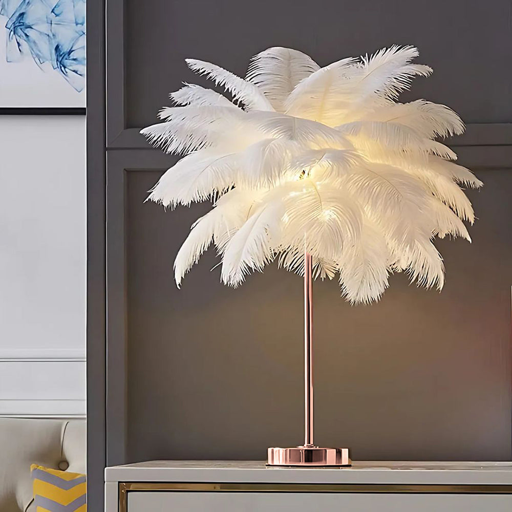 Feather Table Lamp Bohemian with Feather Shade and Remote Control