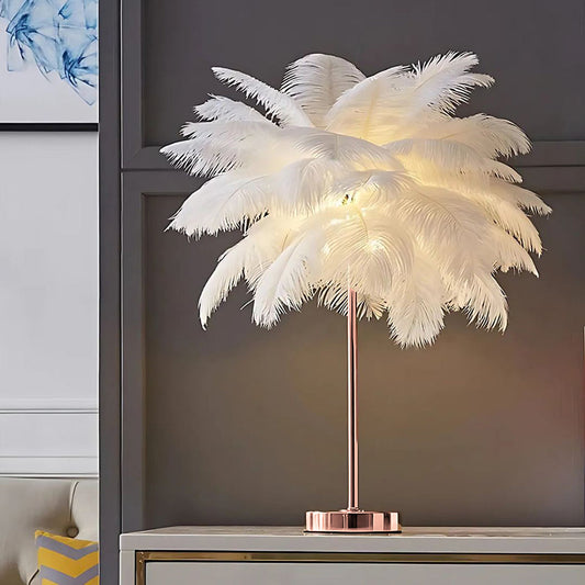 Feather Table Lamp Bohemian with Feather Shade and Remote Control