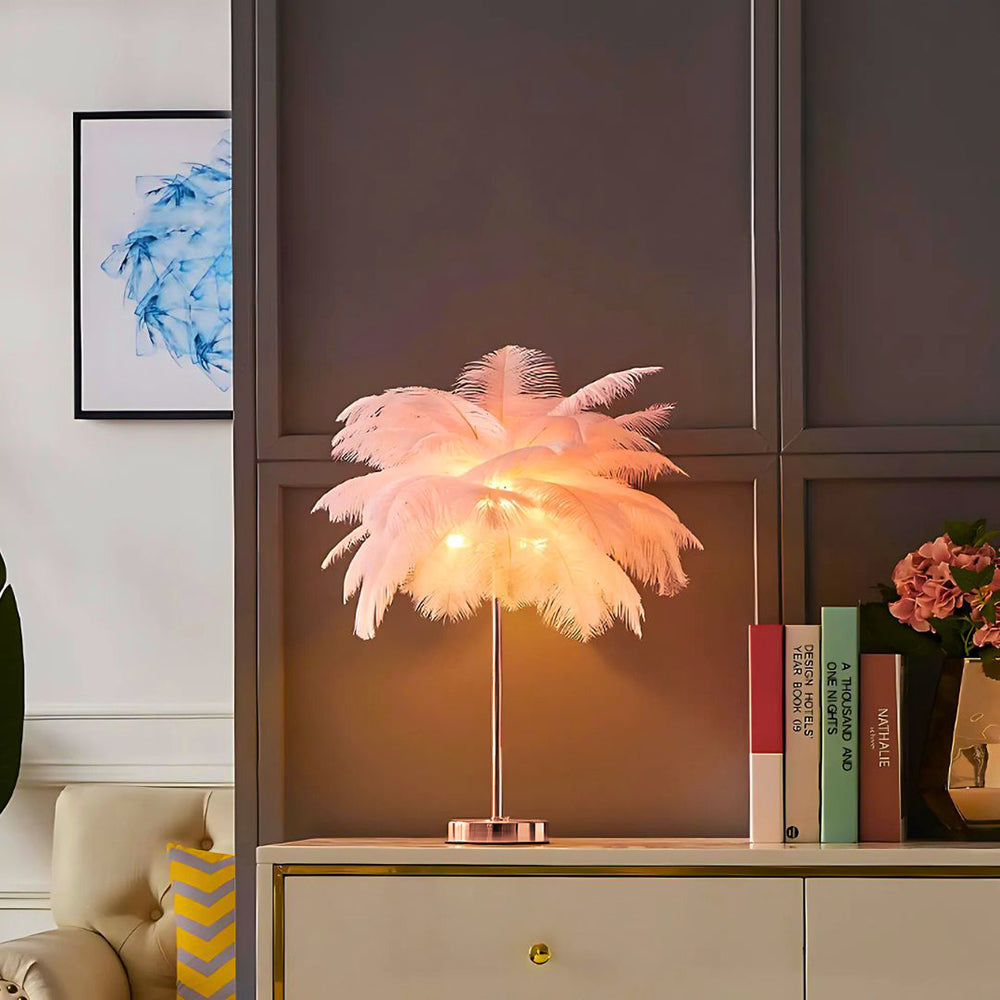 Feather Table Lamp Bohemian with Feather Shade and Remote Control