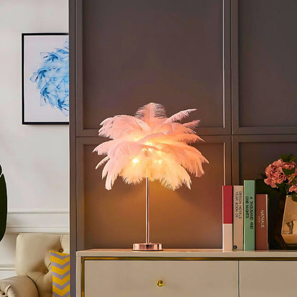Feather Table Lamp Bohemian with Feather Shade and Remote Control