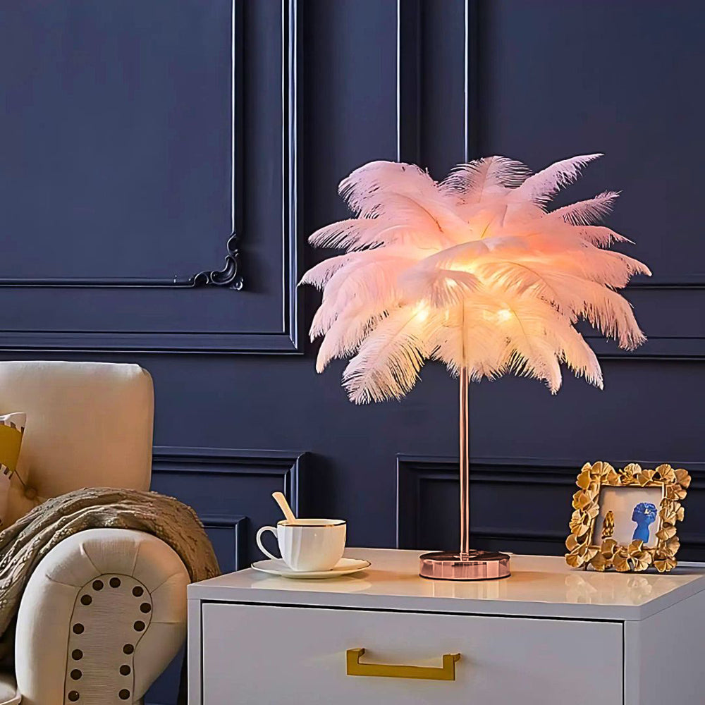 Feather Table Lamp Bohemian with Feather Shade and Remote Control