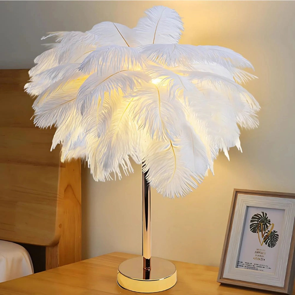Feather Table Lamp Bohemian with Feather Shade and Remote Control