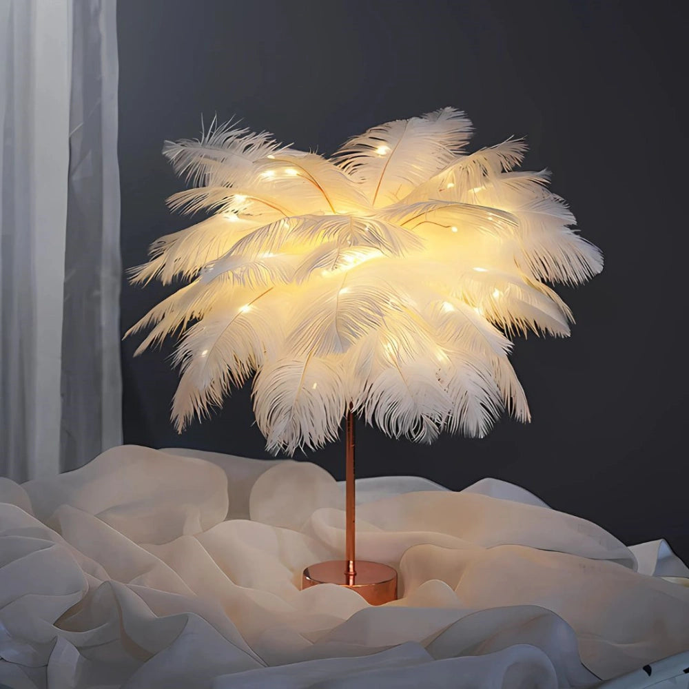 Feather Table Lamp Bohemian with Feather Shade and Remote Control