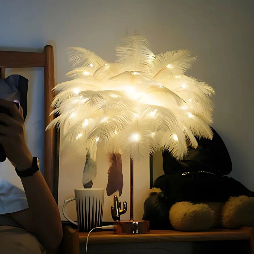 Feather Table Lamp Bohemian with Feather Shade and Remote Control