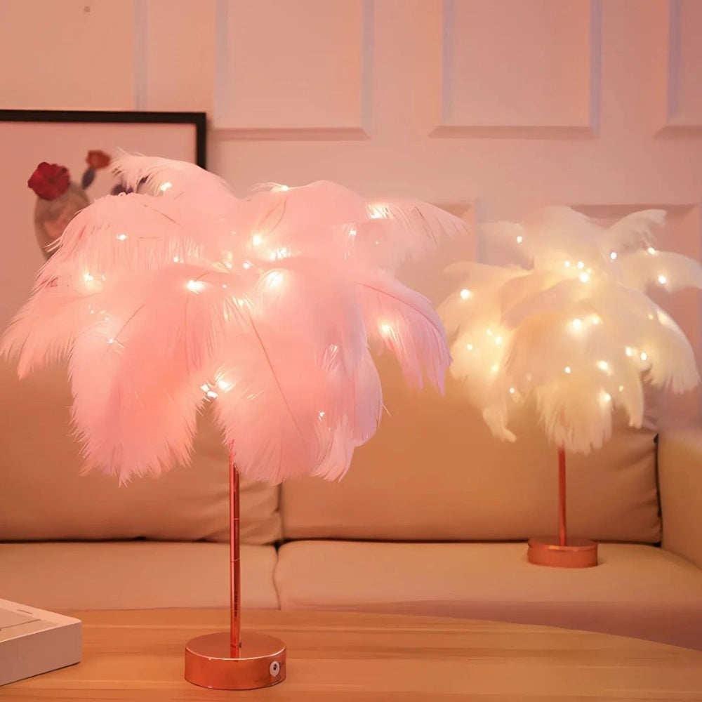Feather Table Lamp Bohemian with Feather Shade and Remote Control
