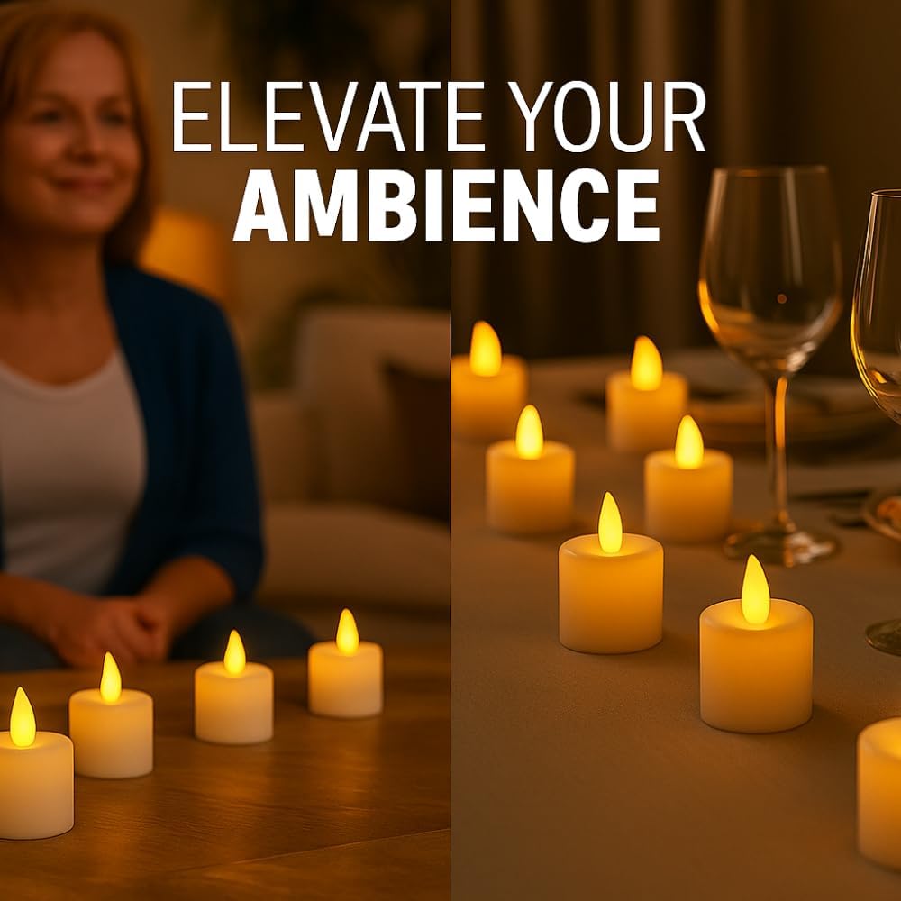 Flameless LED Tea Lights with Realistic Flickering Glow, 24 Pack