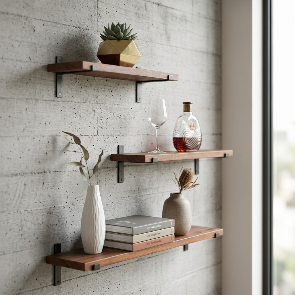 Floating Wall Shelf with J-Style Metal Lip Brackets and Timber Plank