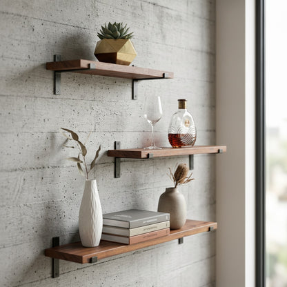 Floating Wall Shelf with J-Style Metal Lip Brackets and Timber Plank