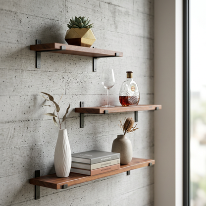Floating Wall Shelf with J-Style Metal Lip Brackets and Timber Plank