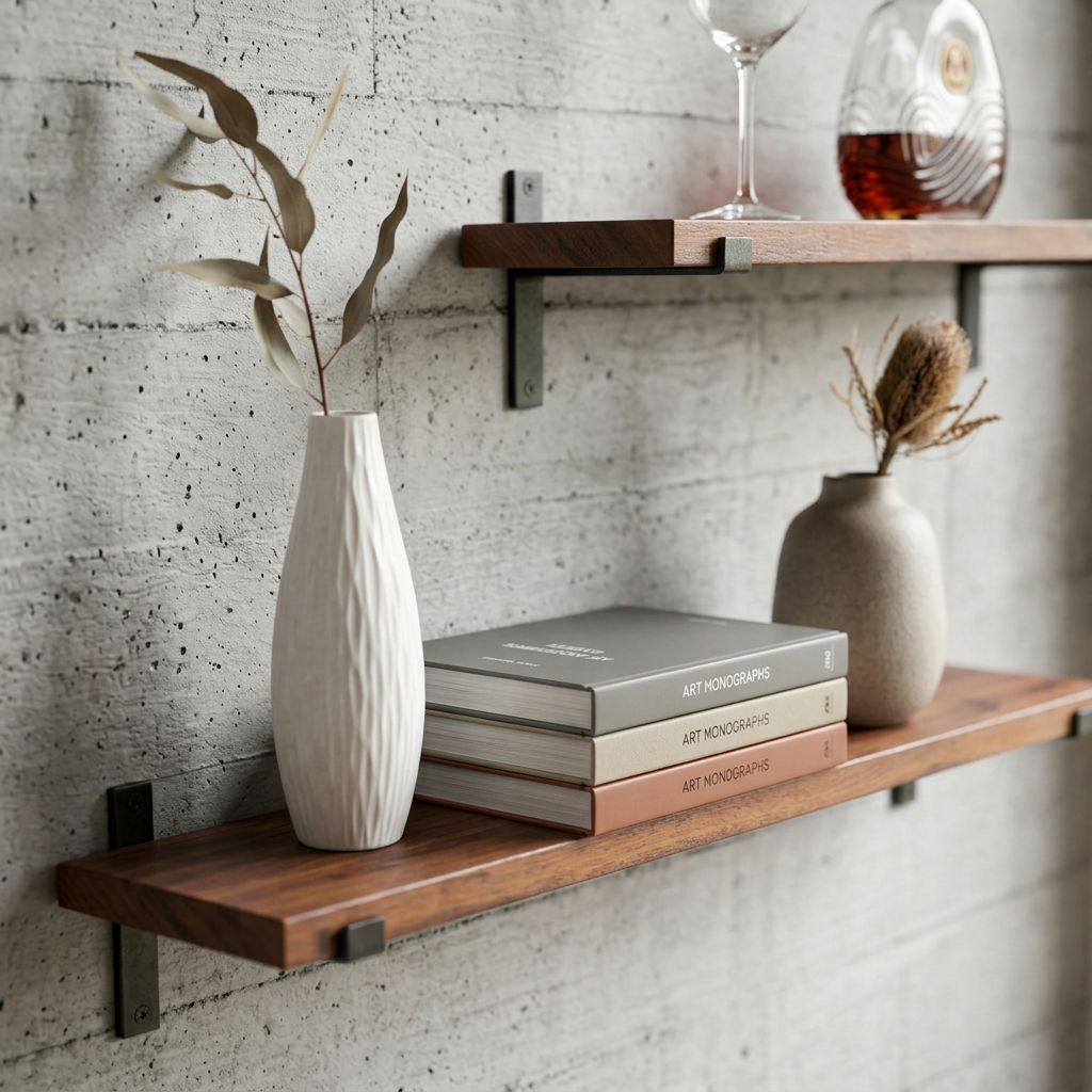 Floating Wall Shelf with J-Style Metal Lip Brackets and Timber Plank
