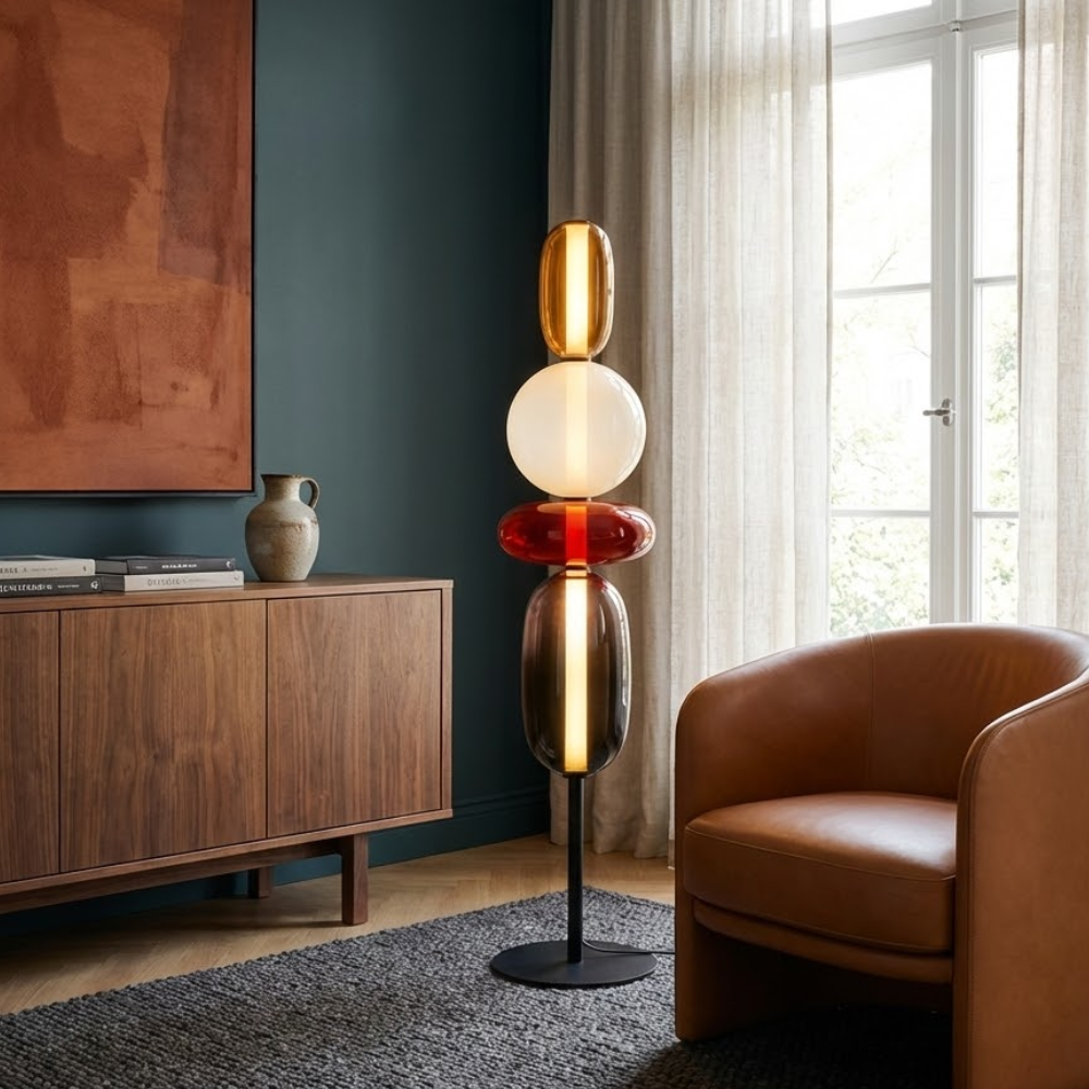Floor Lamp Art Deco with Stacked Glass Shades and Integrated LED