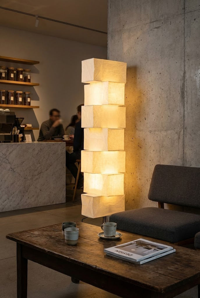 Floor Lamp Japandi Style with Stacked Rice Paper Shades and Metal Base