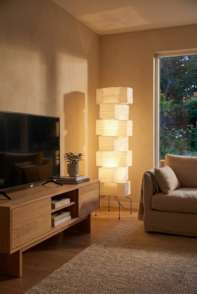 Floor Lamp Japandi Style with Stacked Rice Paper Shades and Metal Base