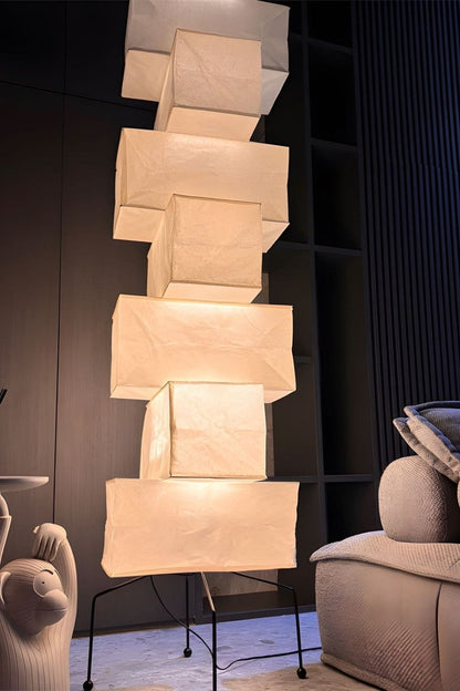 Floor Lamp Japandi Style with Stacked Rice Paper Shades and Metal Base