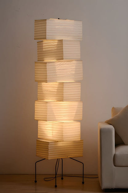 Floor Lamp Japandi Style with Stacked Rice Paper Shades and Metal Base