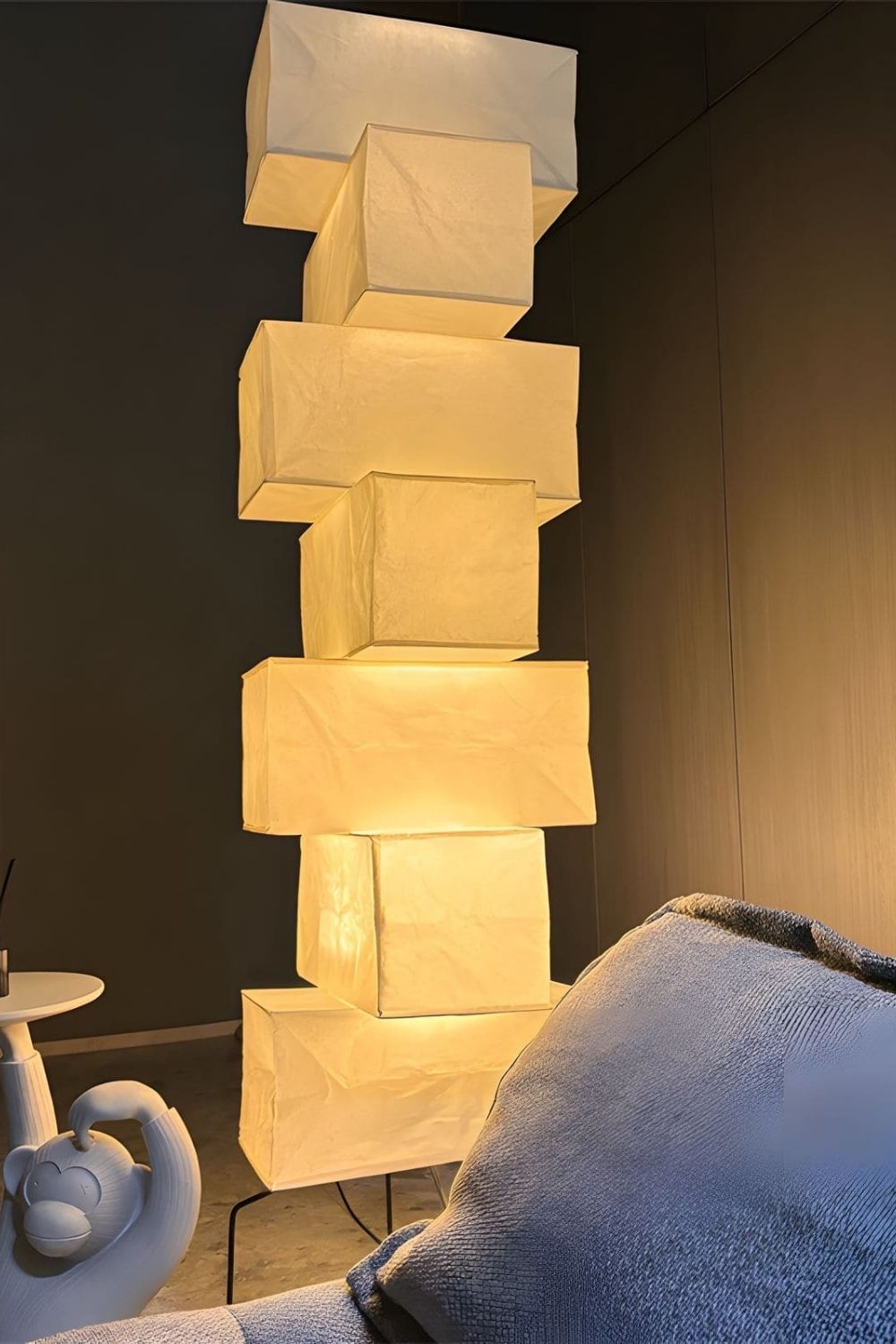 Floor Lamp Japandi Style with Stacked Rice Paper Shades and Metal Base