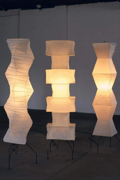 Floor Lamp Japandi Style with Stacked Rice Paper Shades and Metal Base