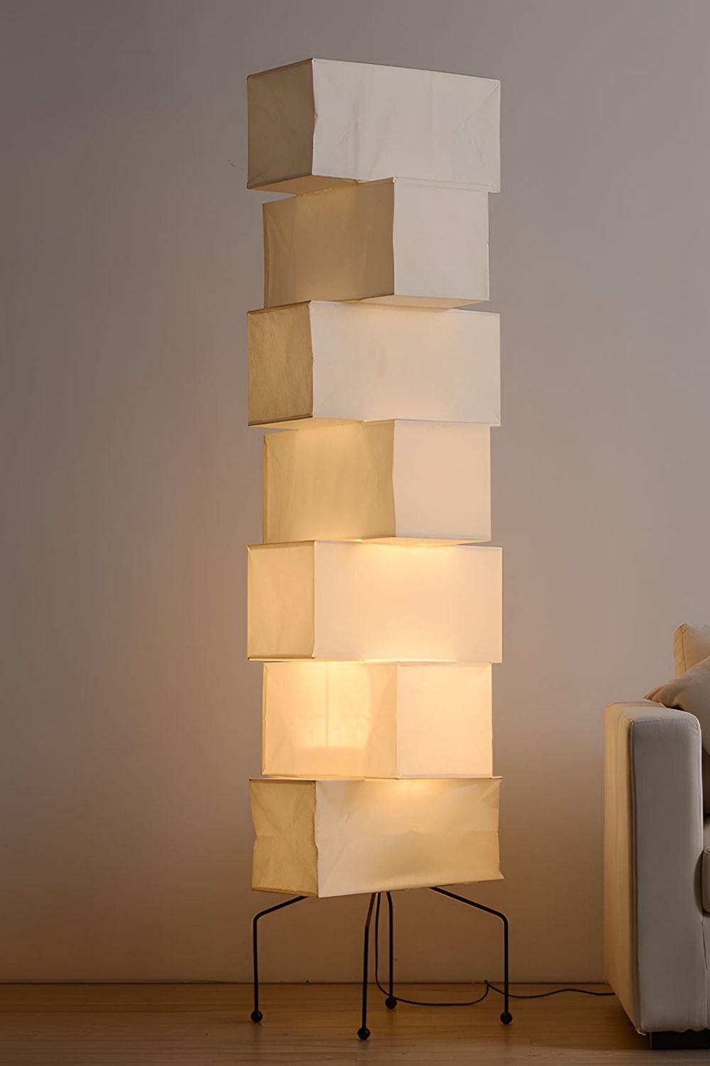 Floor Lamp Japandi Style with Stacked Rice Paper Shades and Metal Base