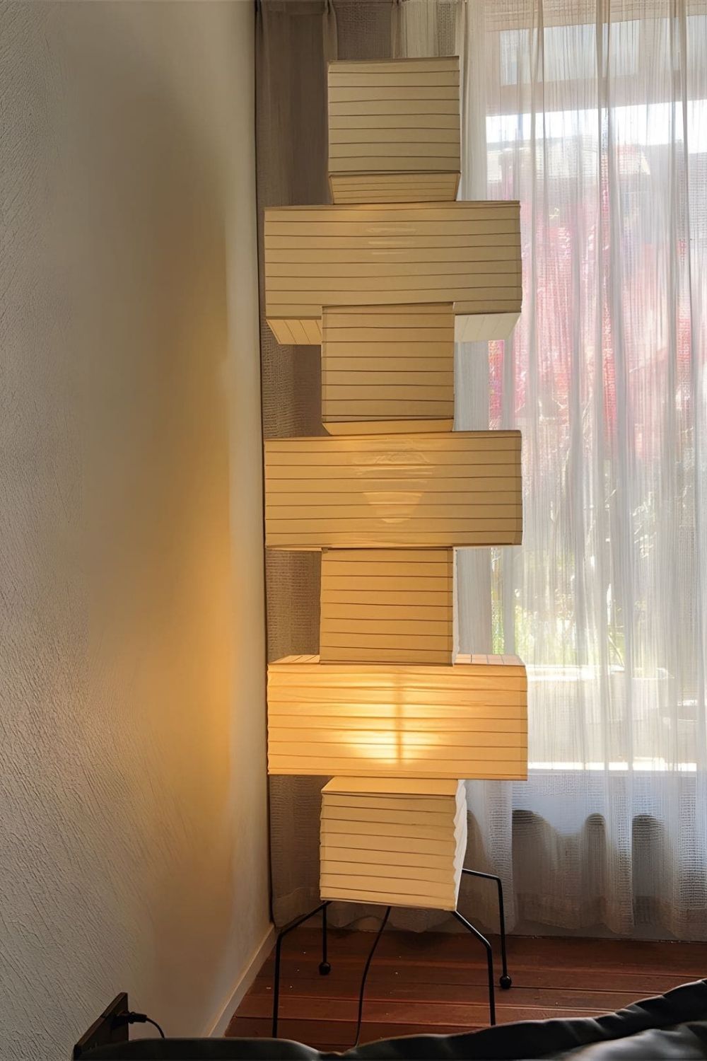 Floor Lamp Japandi Style with Stacked Rice Paper Shades and Metal Base