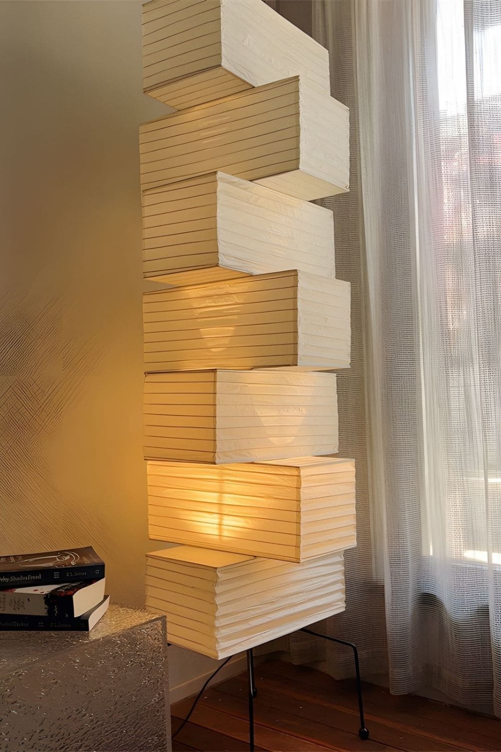 Floor Lamp Japandi Style with Stacked Rice Paper Shades and Metal Base