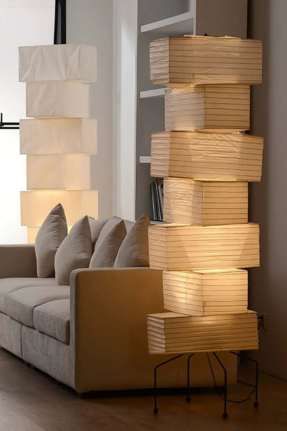 Floor Lamp Japandi Style with Stacked Rice Paper Shades and Metal Base
