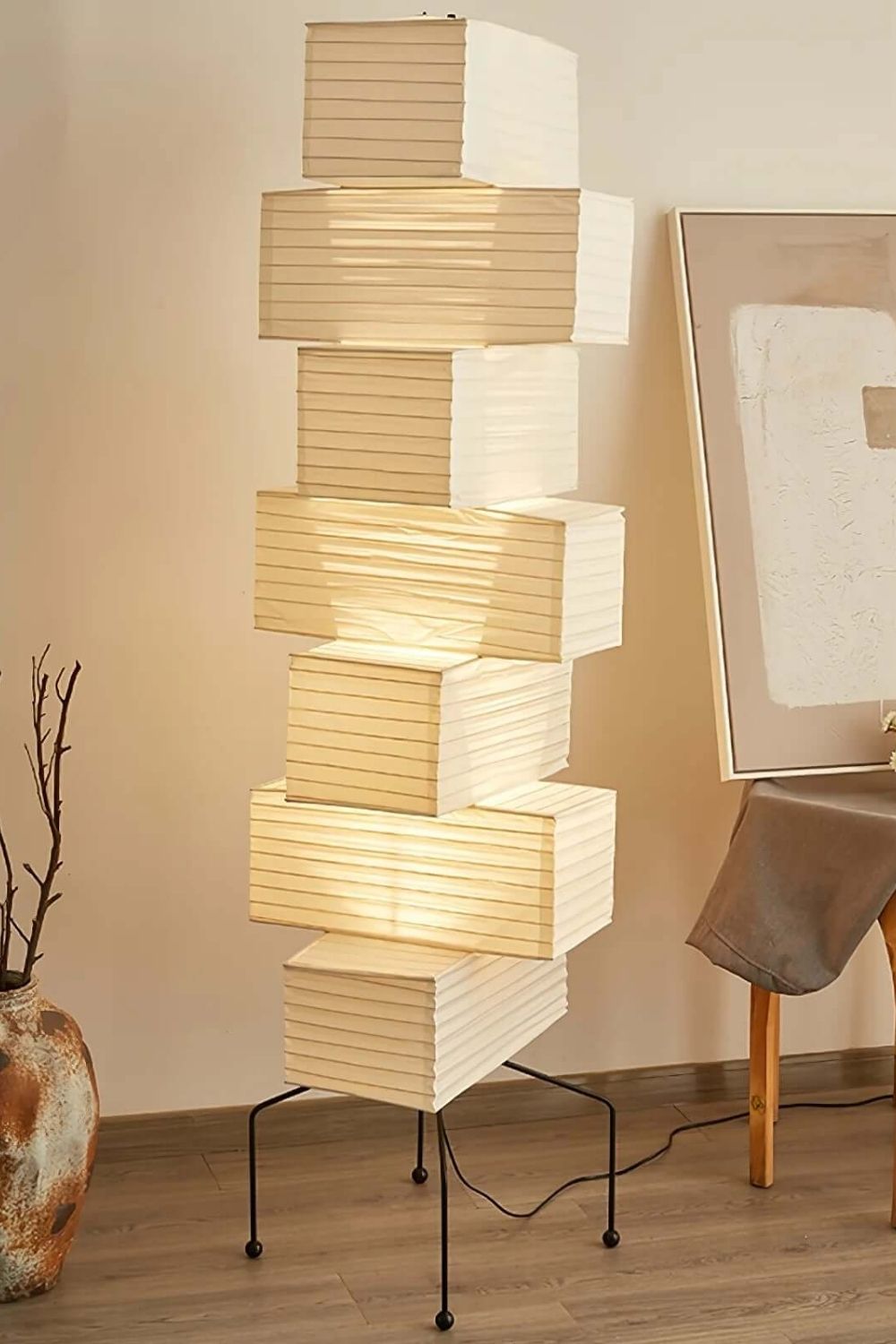 Floor Lamp Japandi Style with Stacked Rice Paper Shades and Metal Base