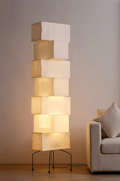Floor Lamp Japandi Style with Stacked Rice Paper Shades and Metal Base
