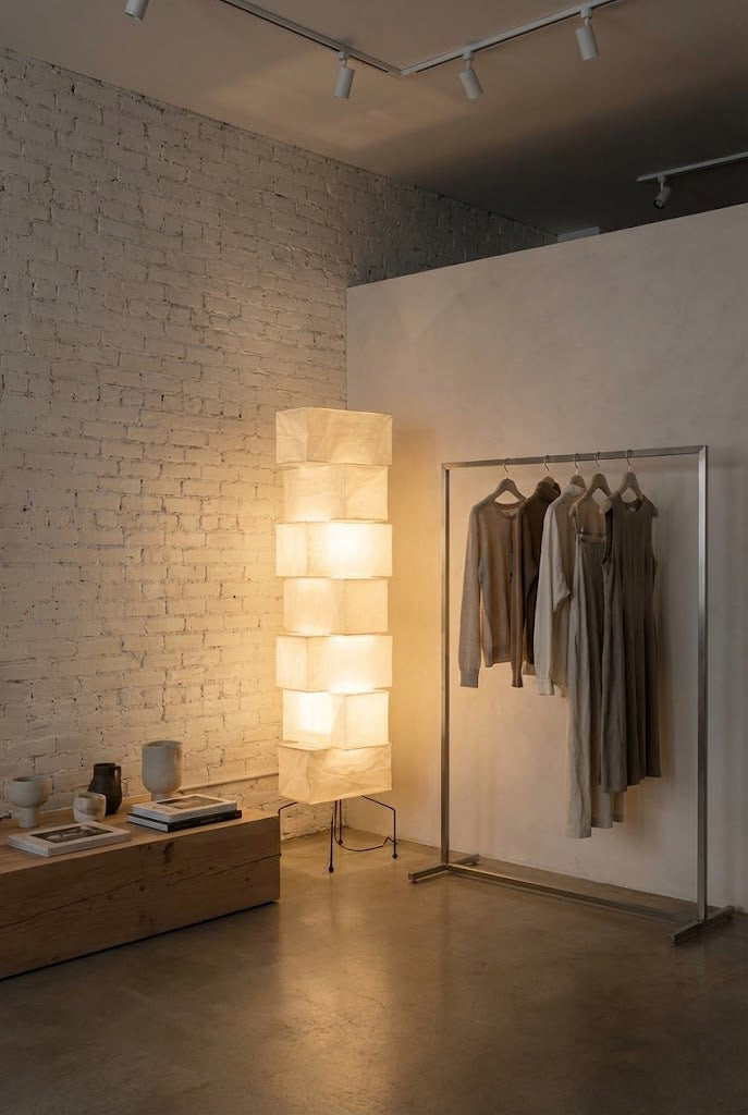 Floor Lamp Japandi Style with Stacked Rice Paper Shades and Metal Base
