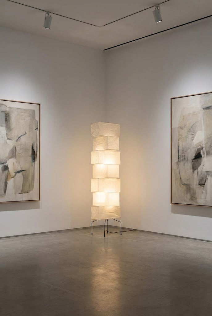 Floor Lamp Japandi Style with Stacked Rice Paper Shades and Metal Base