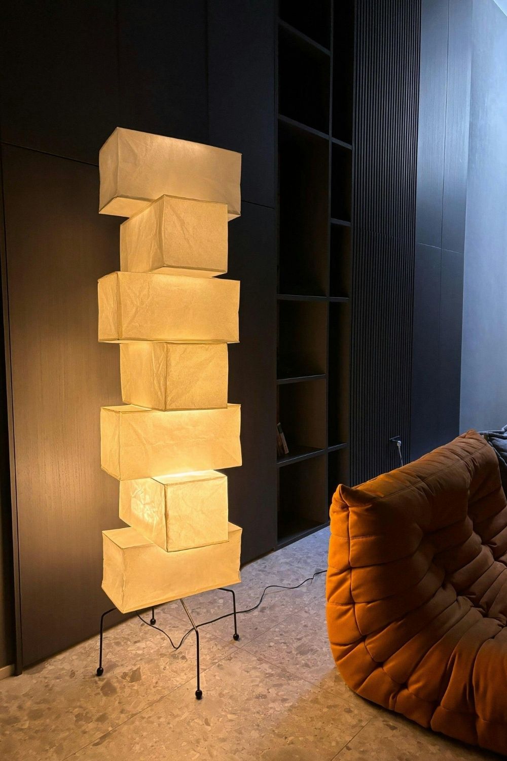 Floor Lamp Japandi Style with Stacked Rice Paper Shades and Metal Base