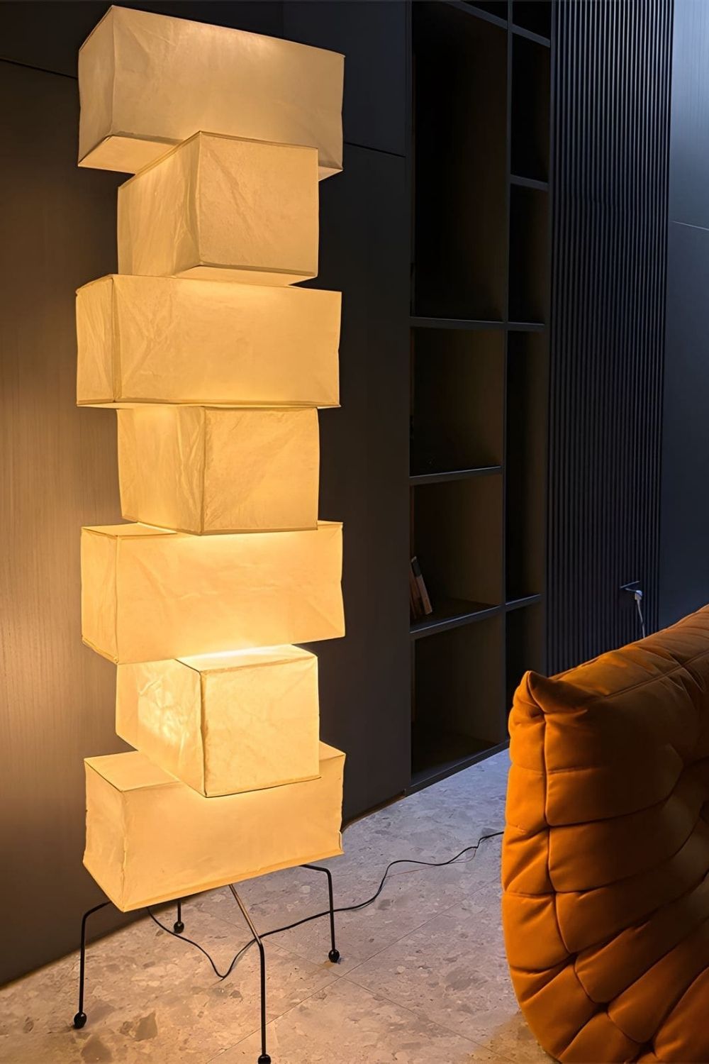 Floor Lamp Japandi Style with Stacked Rice Paper Shades and Metal Base