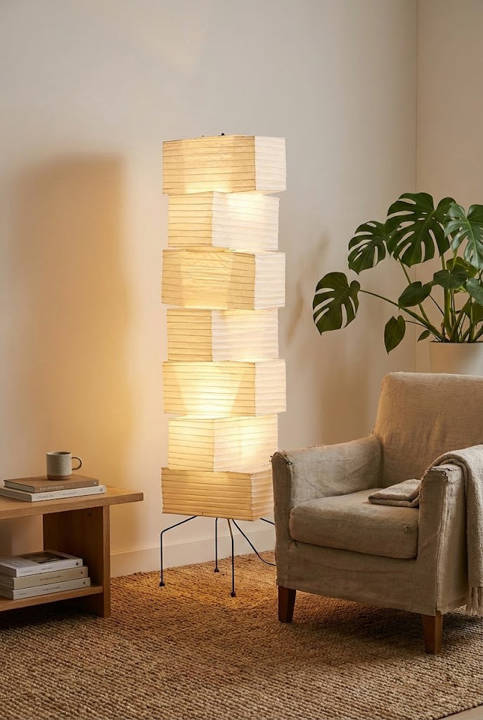 Floor Lamp Japandi Style with Stacked Rice Paper Shades and Metal Base