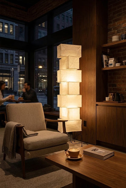 Floor Lamp Japandi Style with Stacked Rice Paper Shades and Metal Base
