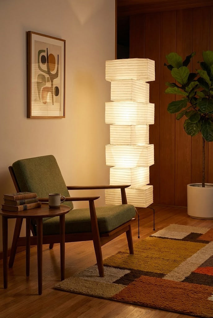 Floor Lamp Japandi Style with Stacked Rice Paper Shades and Metal Base