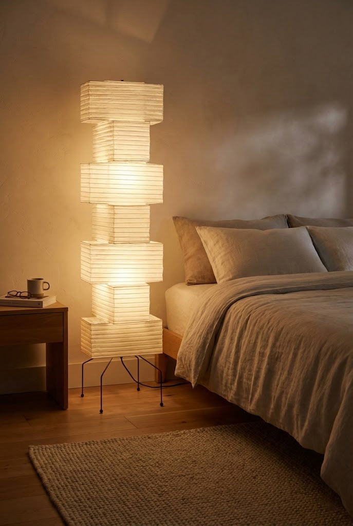 Floor Lamp Japandi Style with Stacked Rice Paper Shades and Metal Base