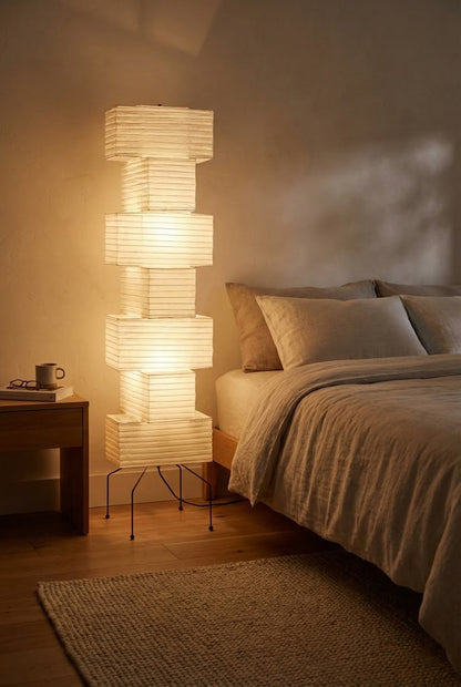 Floor Lamp Japandi Style with Stacked Rice Paper Shades and Metal Base