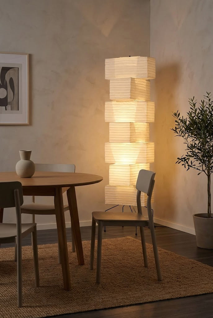 Floor Lamp Japandi Style with Stacked Rice Paper Shades and Metal Base