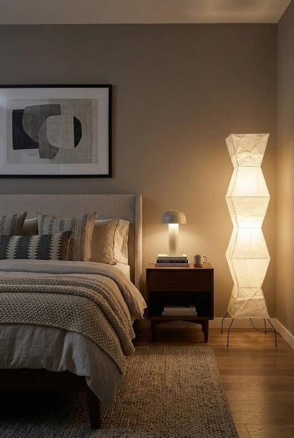 Floor Lamp Minimalist with Geometric Washi Paper Shade and Tripod Base