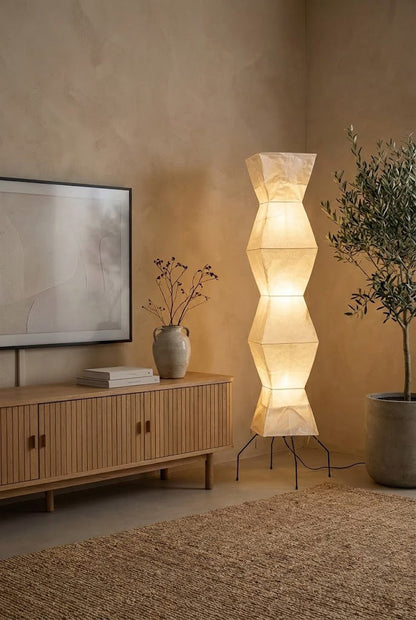 Floor Lamp Minimalist with Geometric Washi Paper Shade and Tripod Base