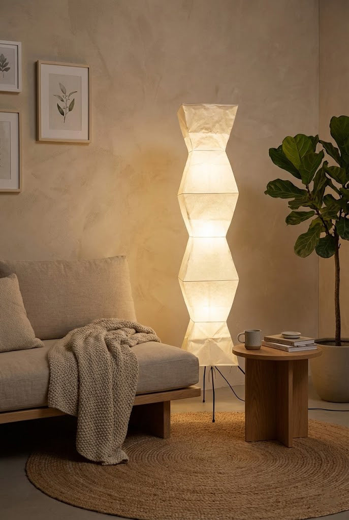 Floor Lamp Minimalist with Geometric Washi Paper Shade and Tripod Base