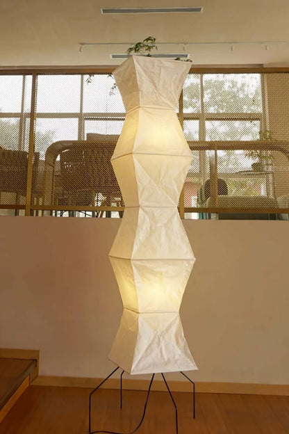 Floor Lamp Minimalist with Geometric Washi Paper Shade and Tripod Base