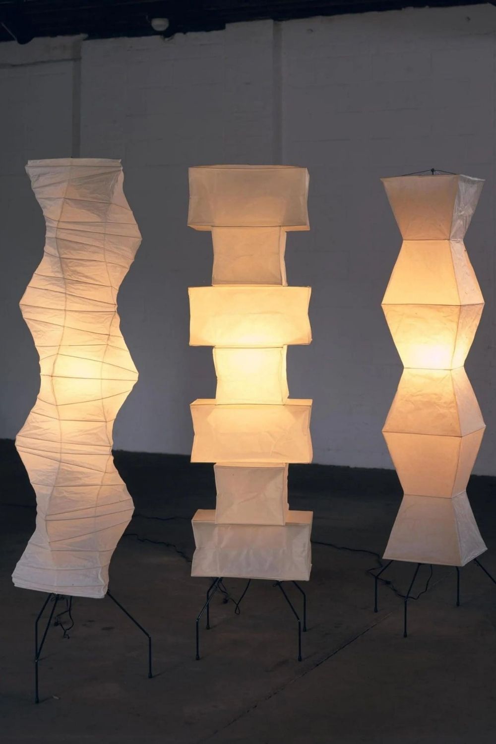 Floor Lamp Minimalist with Geometric Washi Paper Shade and Tripod Base