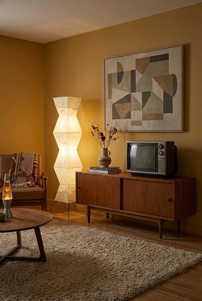 Floor Lamp Minimalist with Geometric Washi Paper Shade and Tripod Base