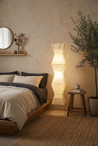 Floor Lamp Minimalist with Geometric Washi Paper Shade and Tripod Base